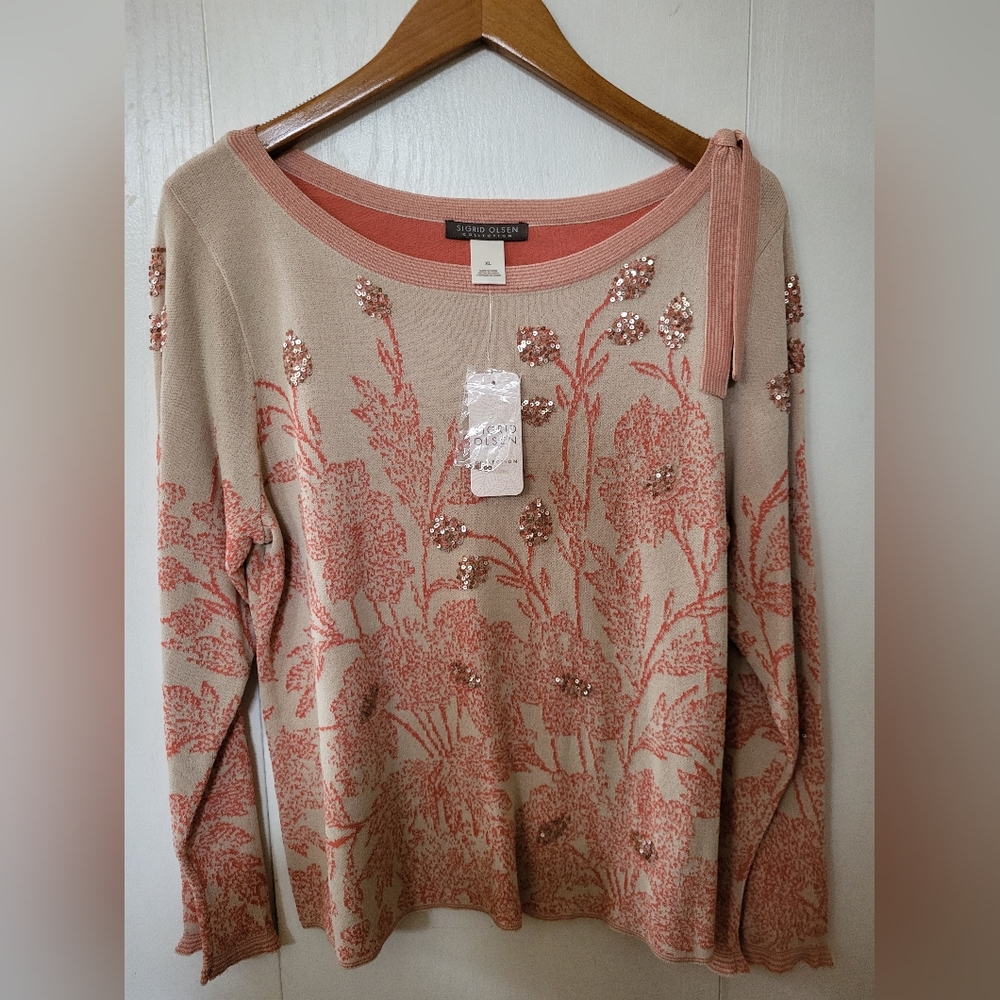 NWT Sigrid Olsen Pink/Vanilla "Desert Bloom" Long Sleeve Sweater Sz XL